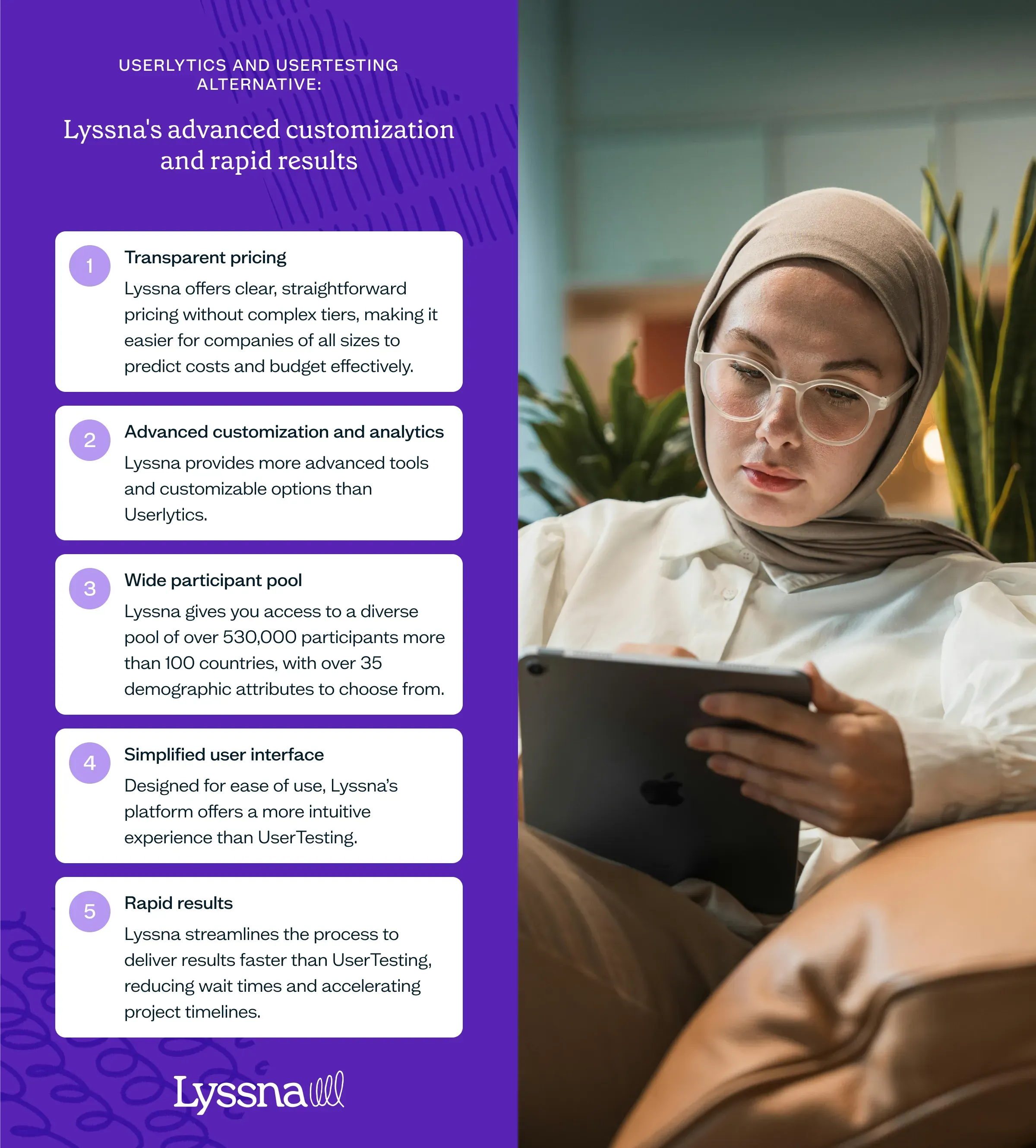 A list of five reasons why Lyssna is a better alternative to use instead of Userlytics and UserTesting