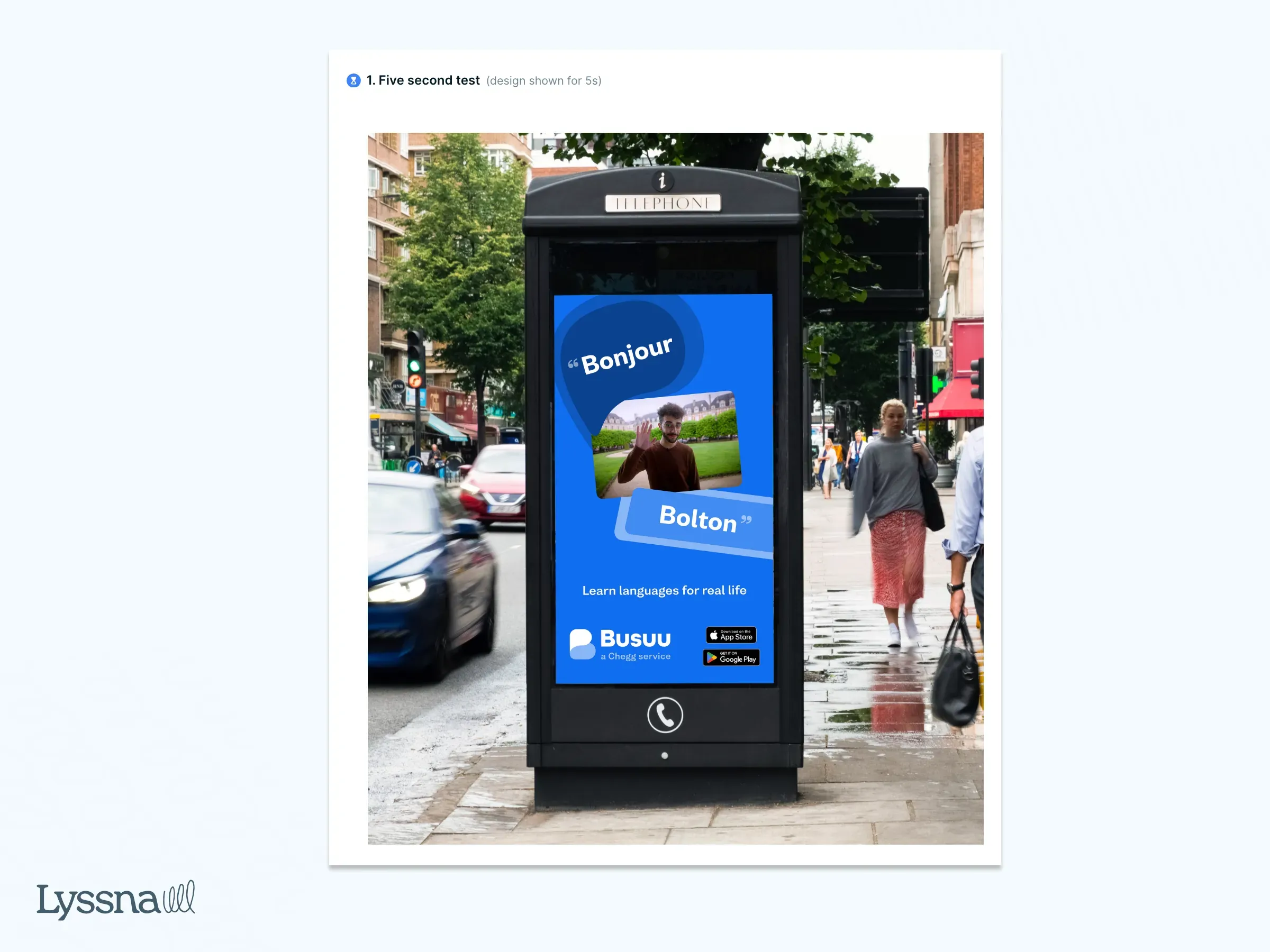 Results from a five second test that Busuu conducted on Lyssna