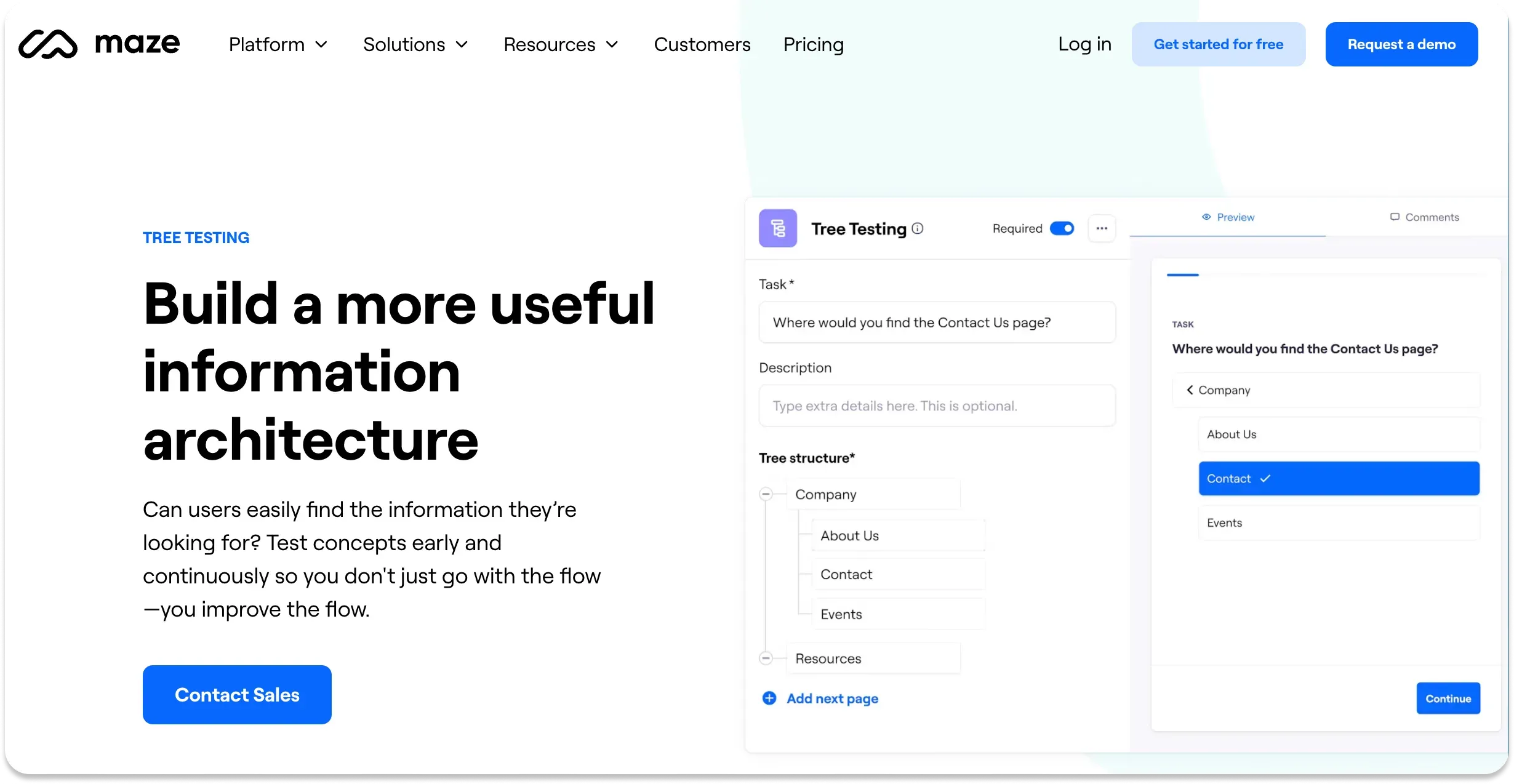The tree testing feature page of Maze