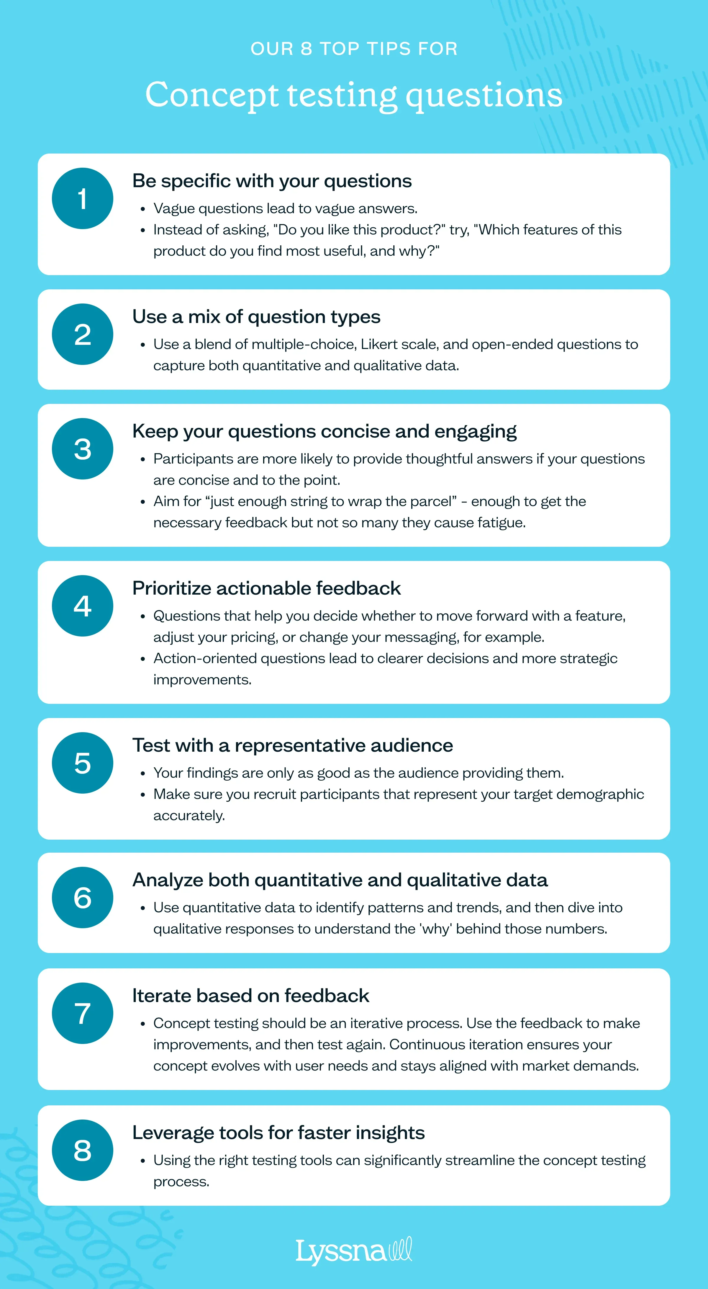 List of eight 8 top tips for asking concept testing questions
