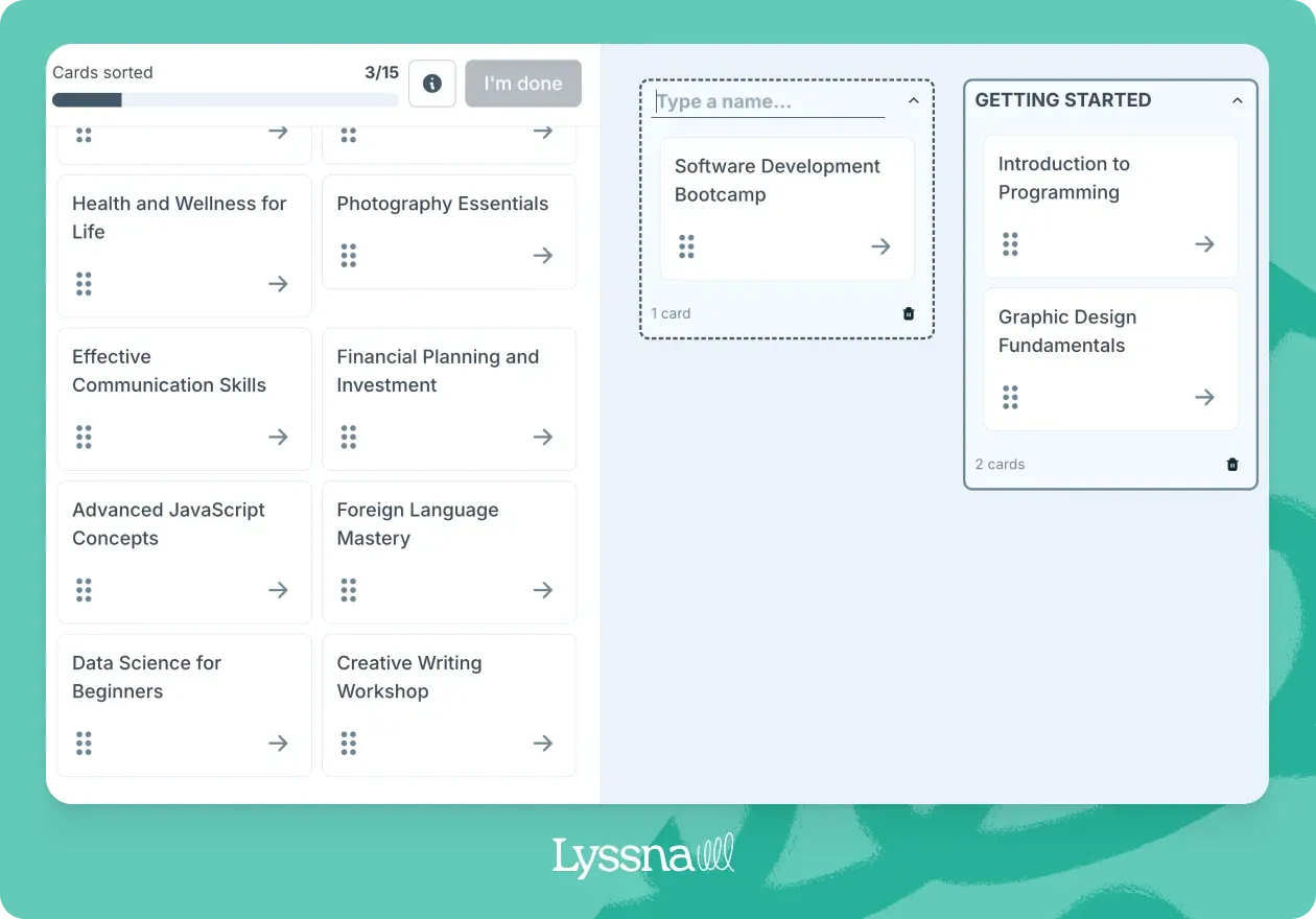 Card sorting test example in Lyssna