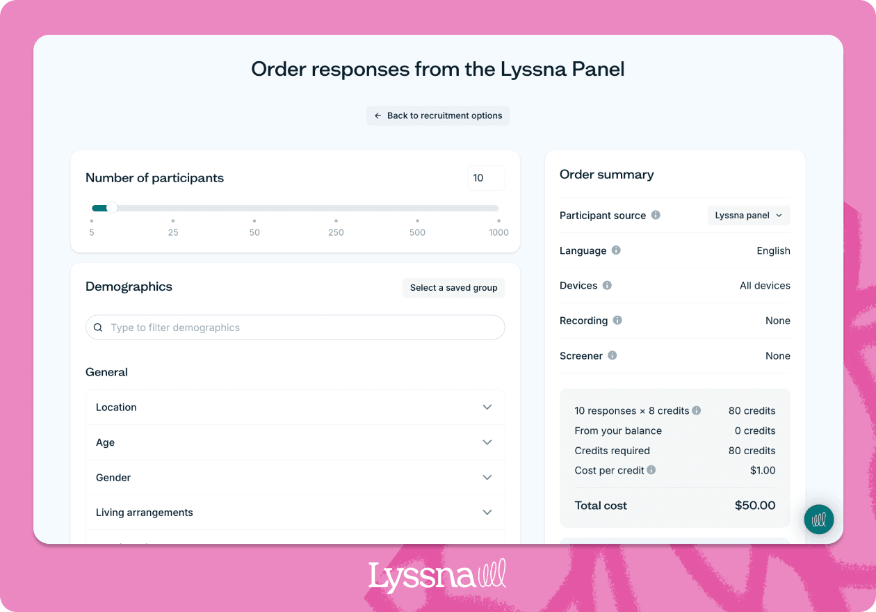 The Lyssna research panel dashboard