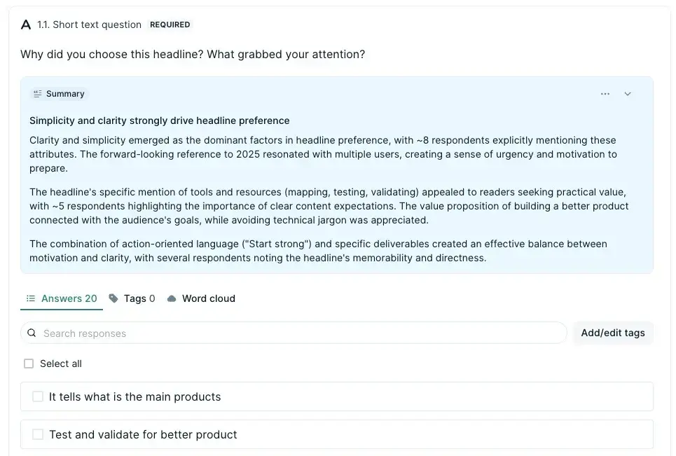 A screenshot of an AI summary in Lyssna
