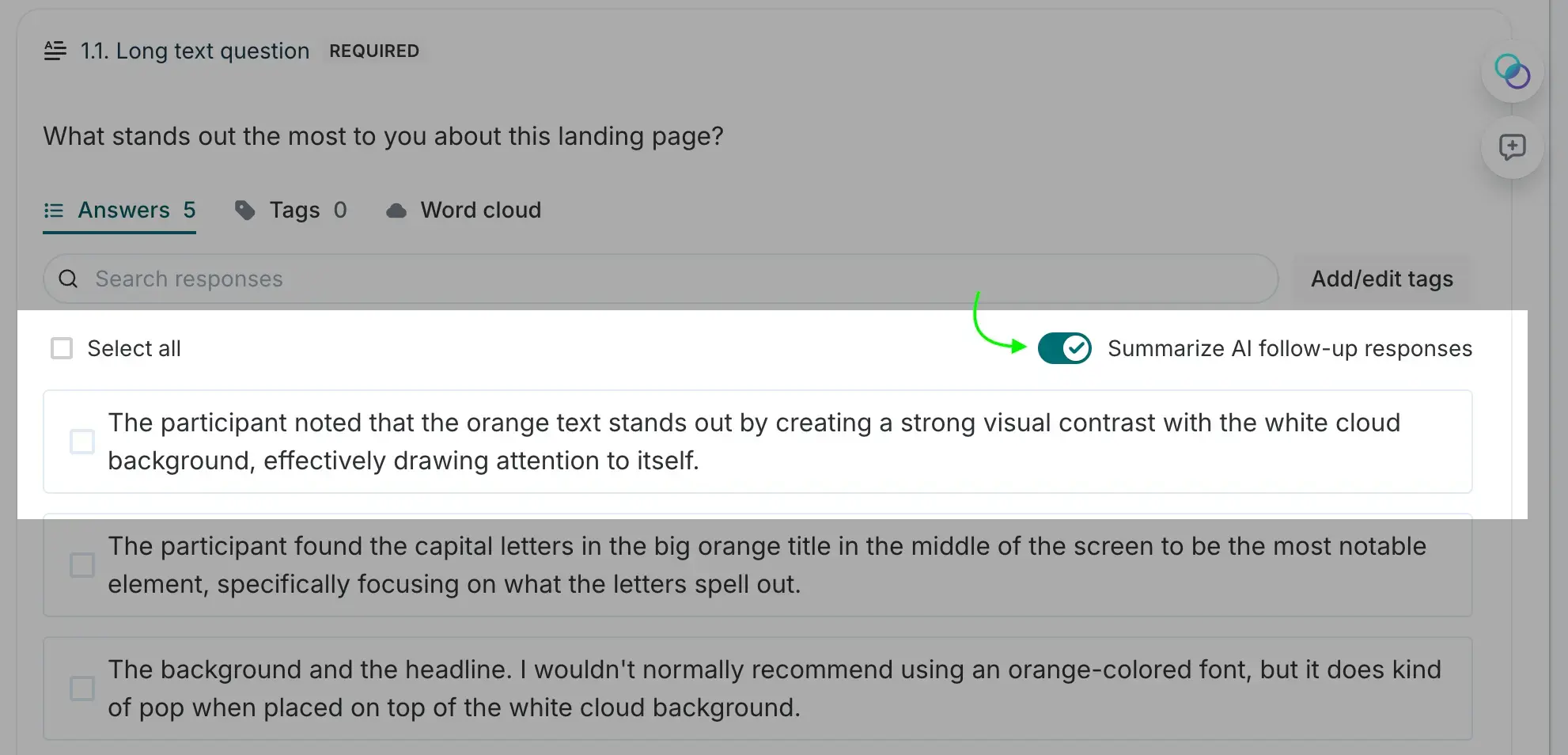 A screenshot showing how to summarize AI follow-up questions in Lyssna