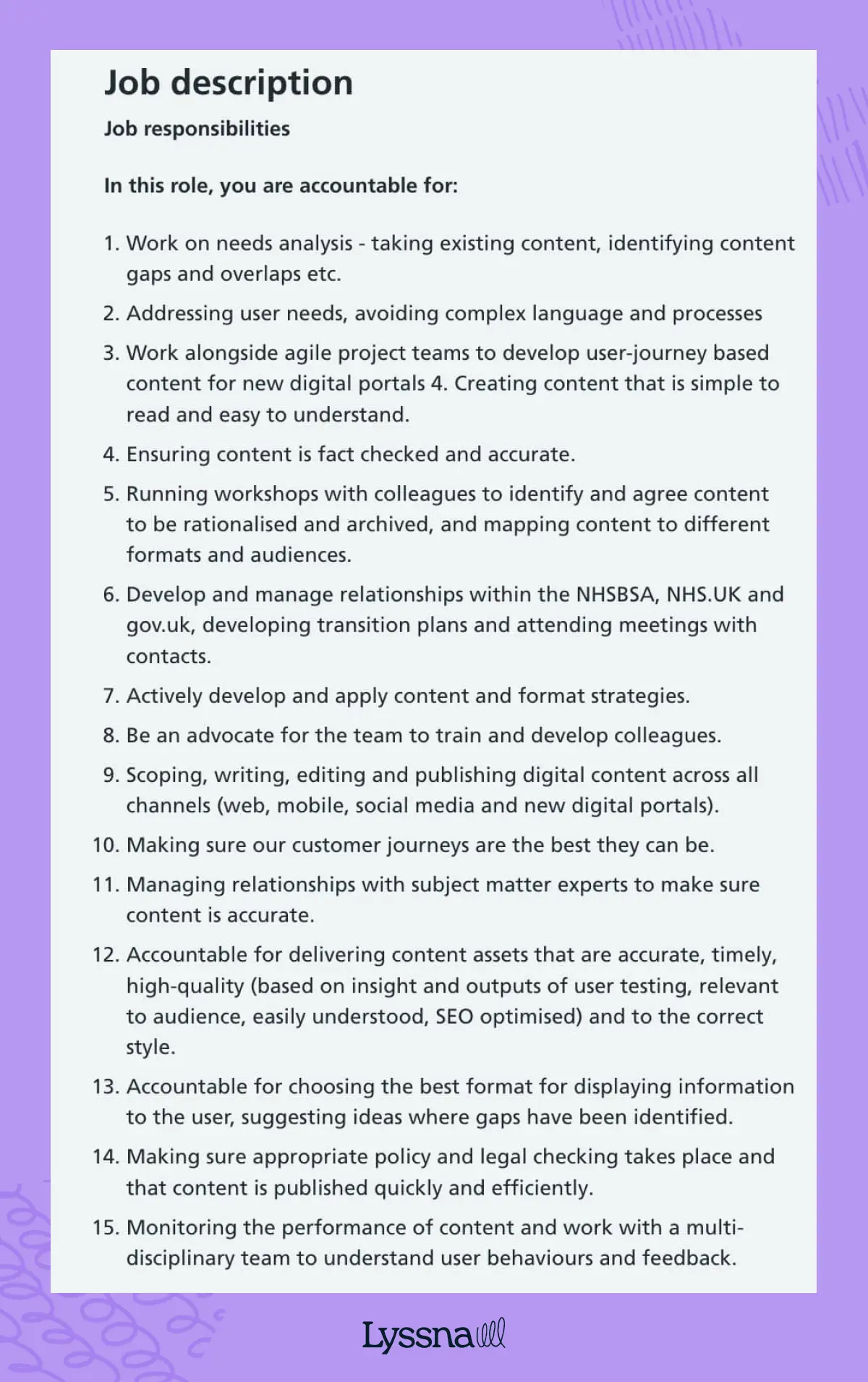 Content designer job listing example from the NHS Business Services Authority