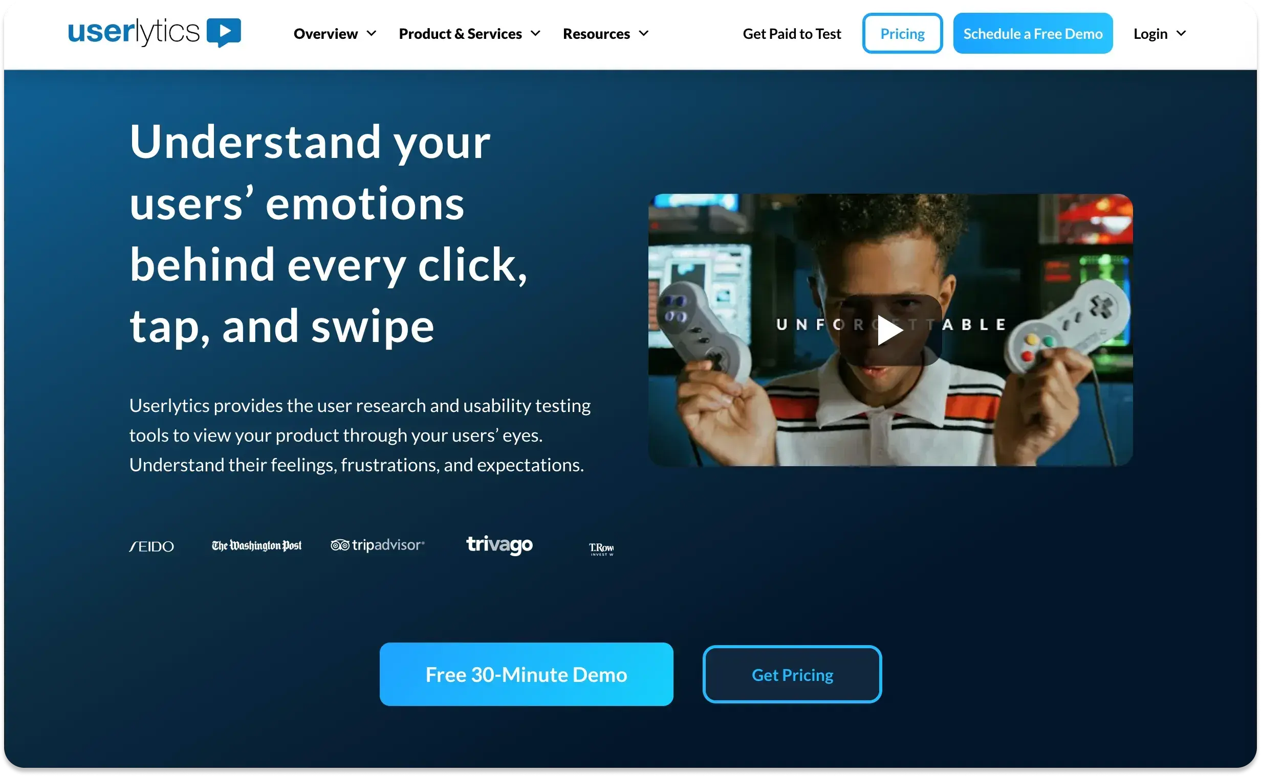 The home screen of the user research platform, Userlytics