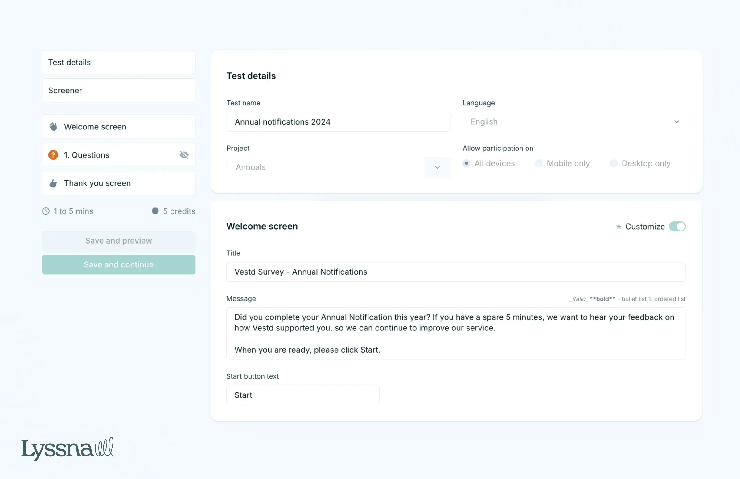 Welcome screen of Vestd's Annual Notification Process survey in Lyssna
