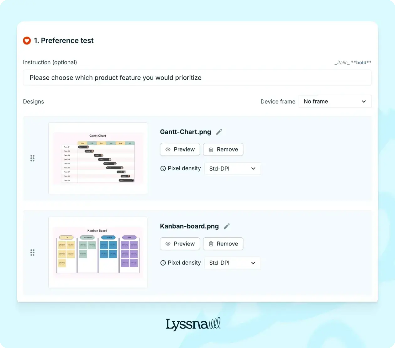 An example of Lyssna's preference template that can be used when consumer product testing