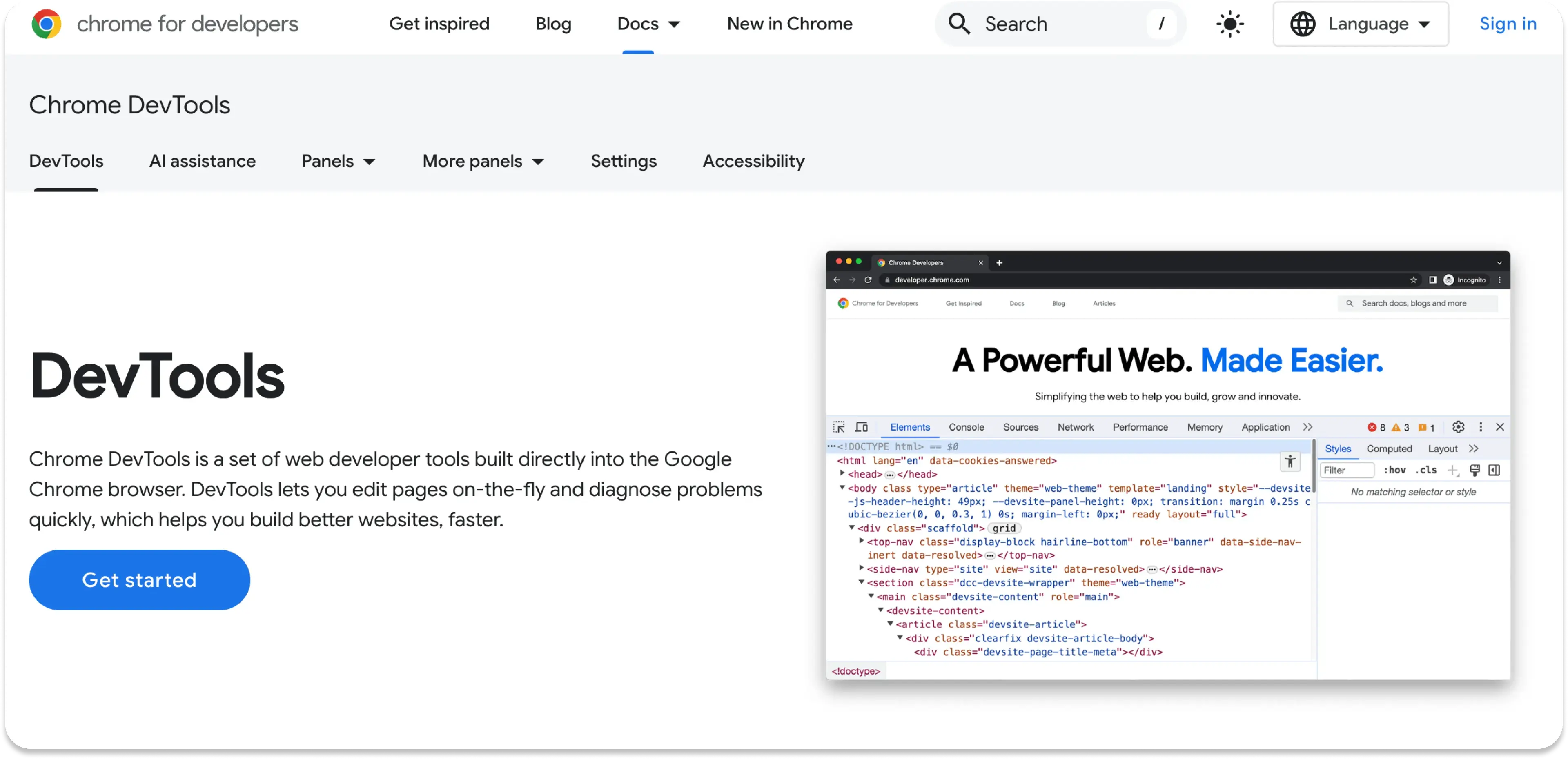 The DevTools homepage