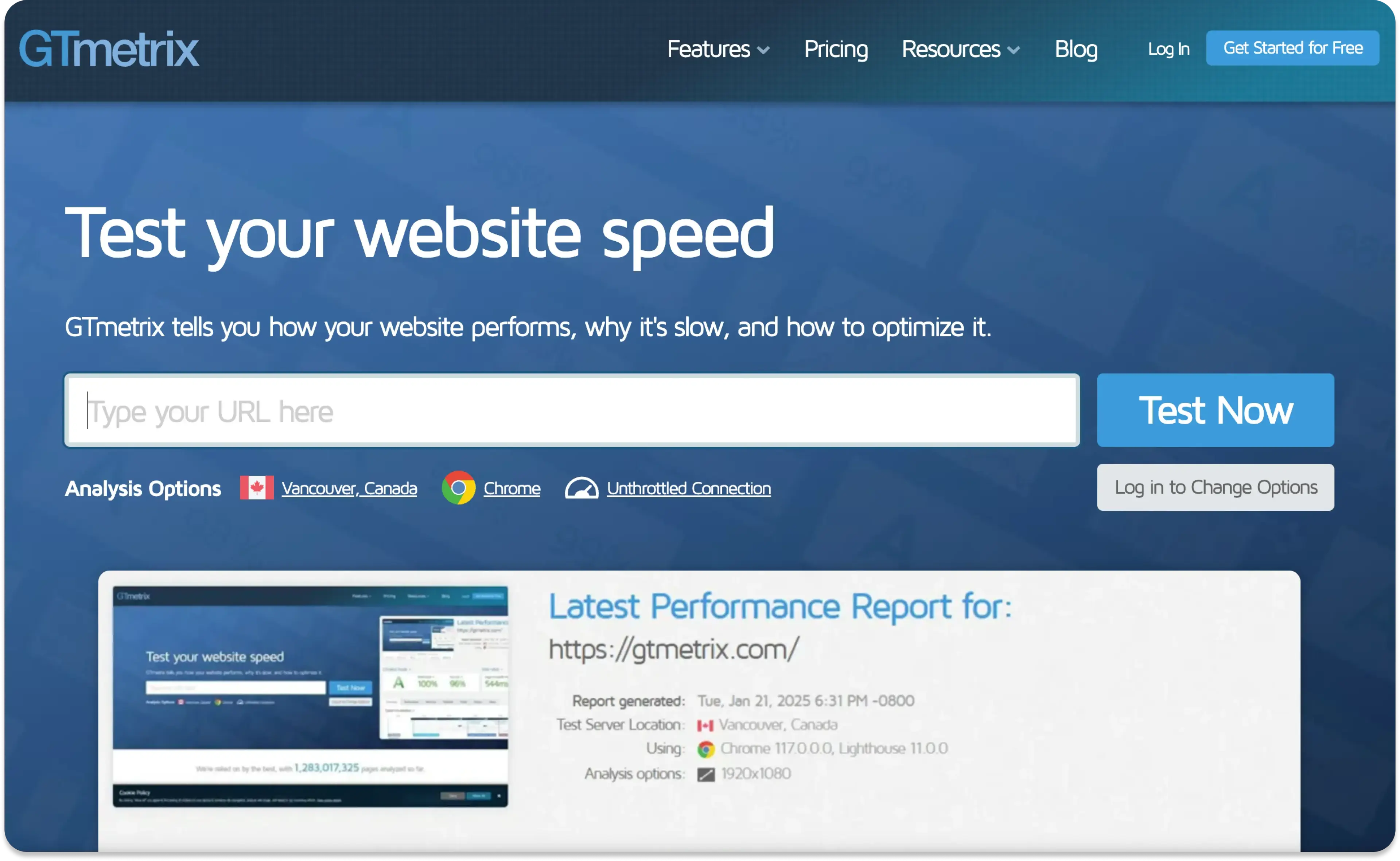 The GTmetrix homepage