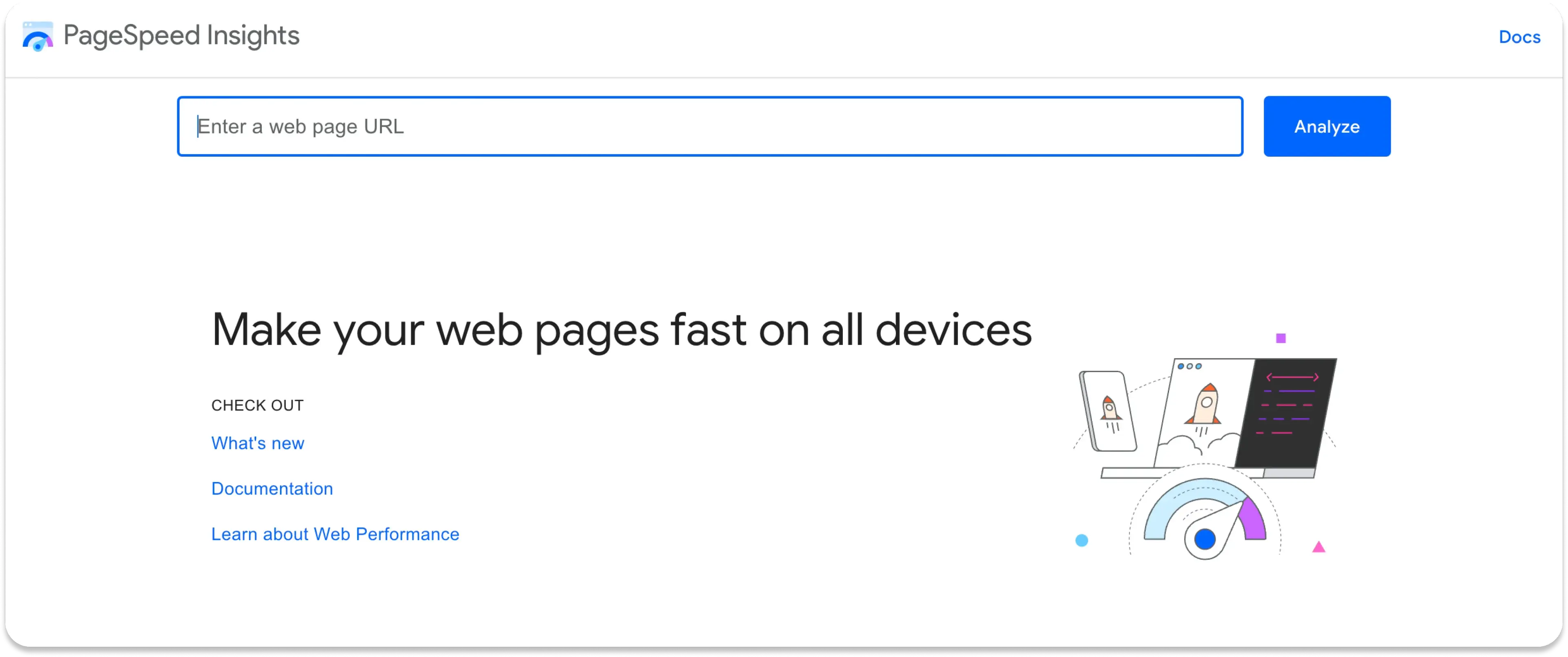 The PageSpeed Insights homepage